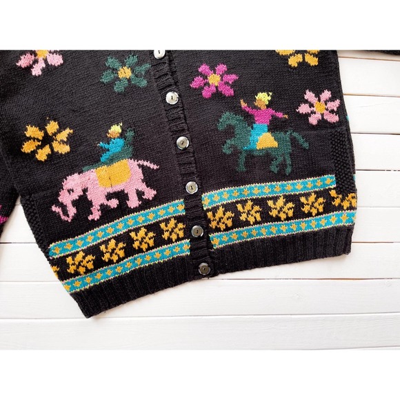 black embroidered sweater 80s 90s vintage Forenza elephant horse floral cardigan - Picture 3 of 6
